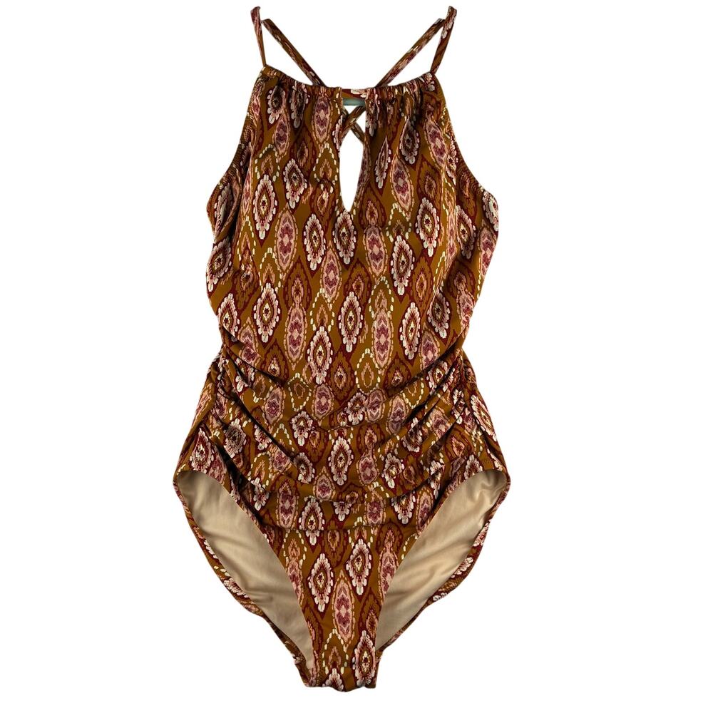 Garnet Hill Ruched High Neck Swimsuit Women’s 6 Geometric Aztec Padded NWOT